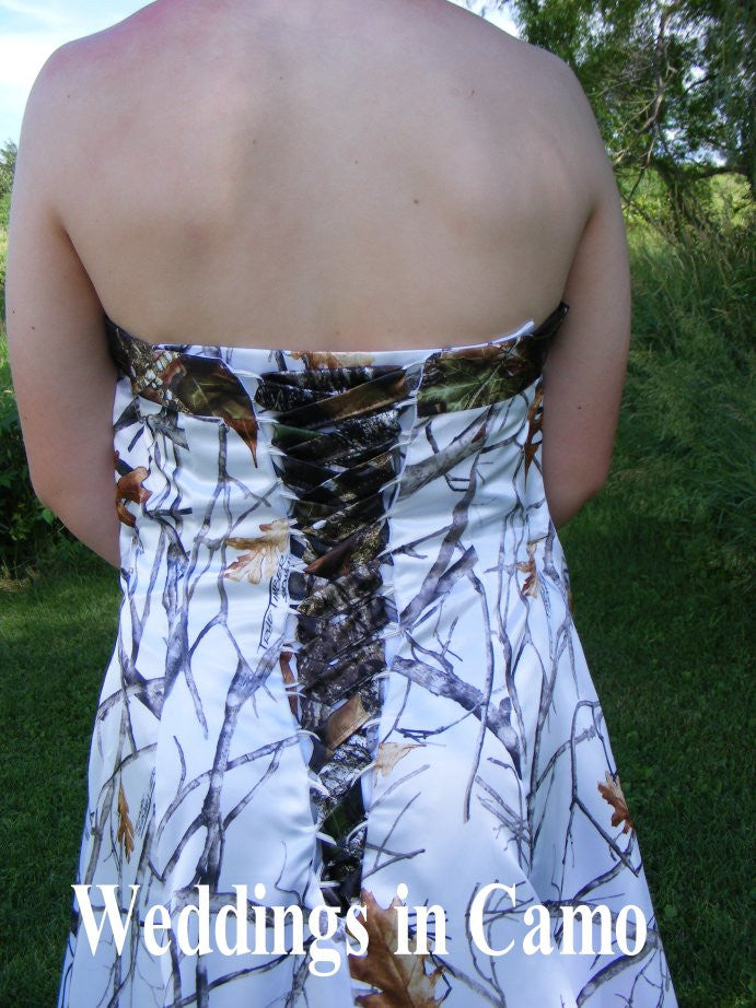 Camo wedding dress corset back shown in Snowfall camo 