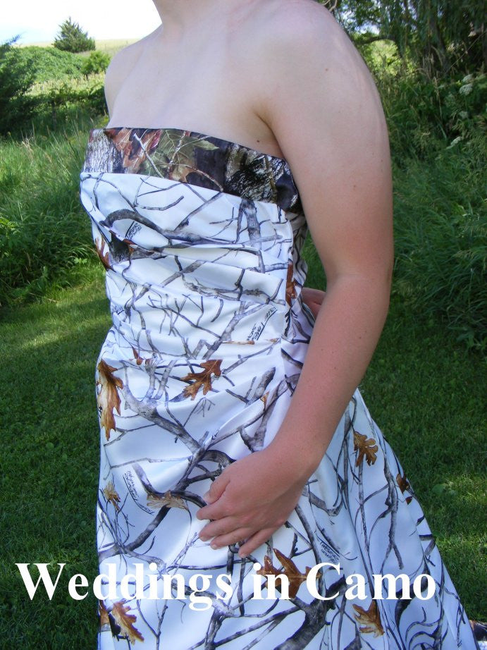 Camo wedding dress corset back shown in Snowfall camo 