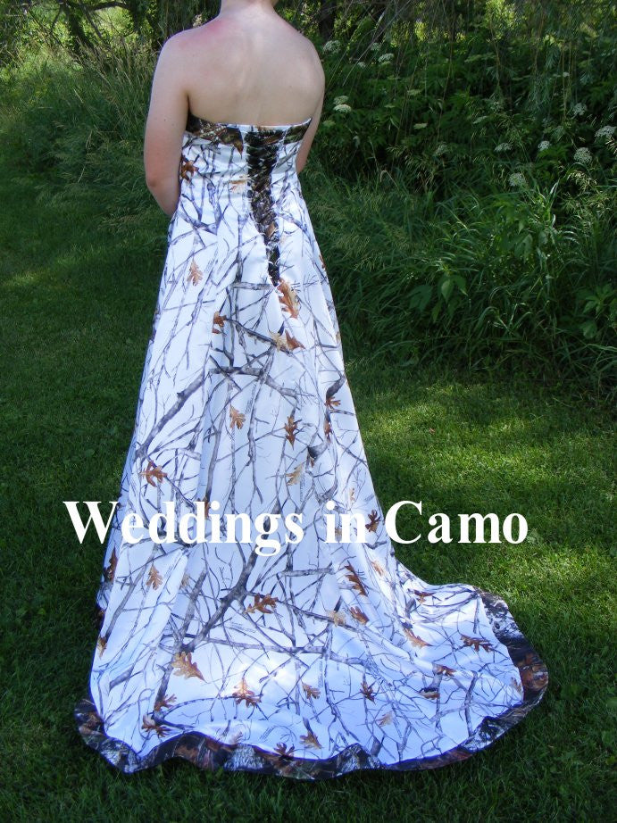 Camo wedding dress corset back shown in Snowfall camo 