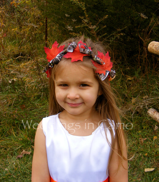 flower girl wreath with leaves and camo ribbon