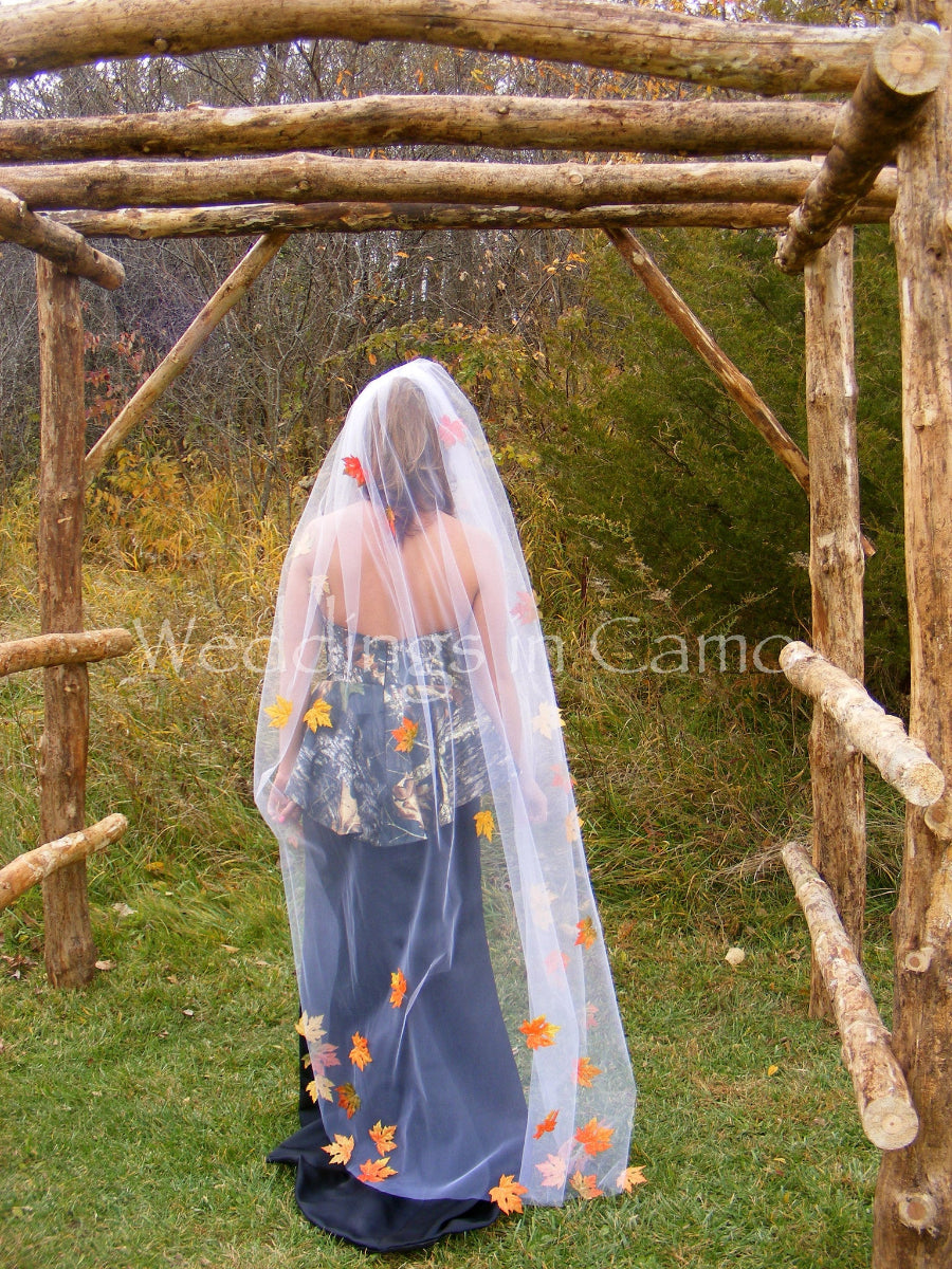 wedding veil with scattered leaves