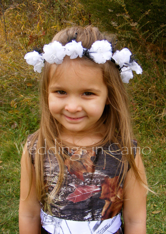 flower girl floral wreath with camo ribbons