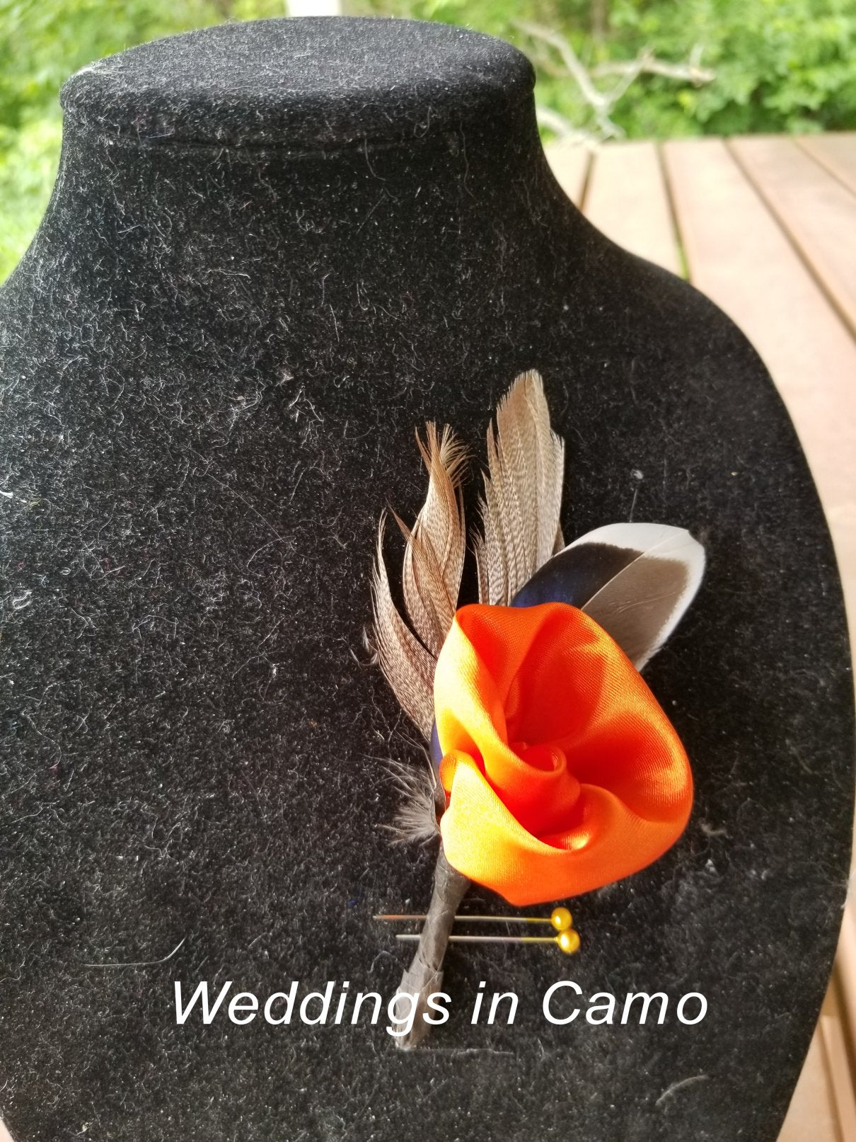 men's camo and feather boutonniere