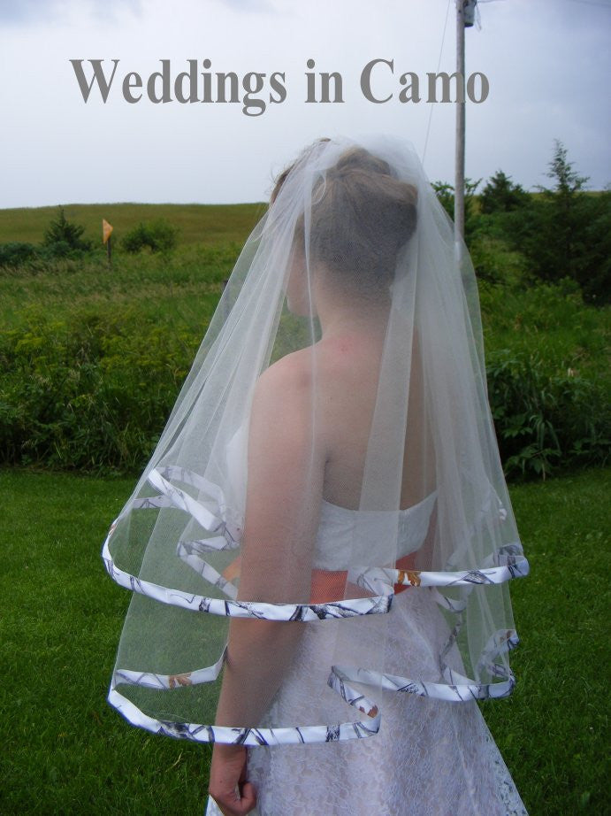 wedding veil trimmed in camo ribbon