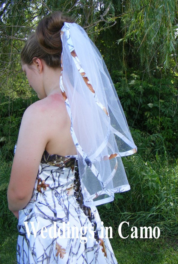 wedding veil trimmed in camo ribbon