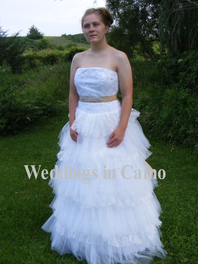 wedding dress strapless lace top and lace ruffled tiered skirt