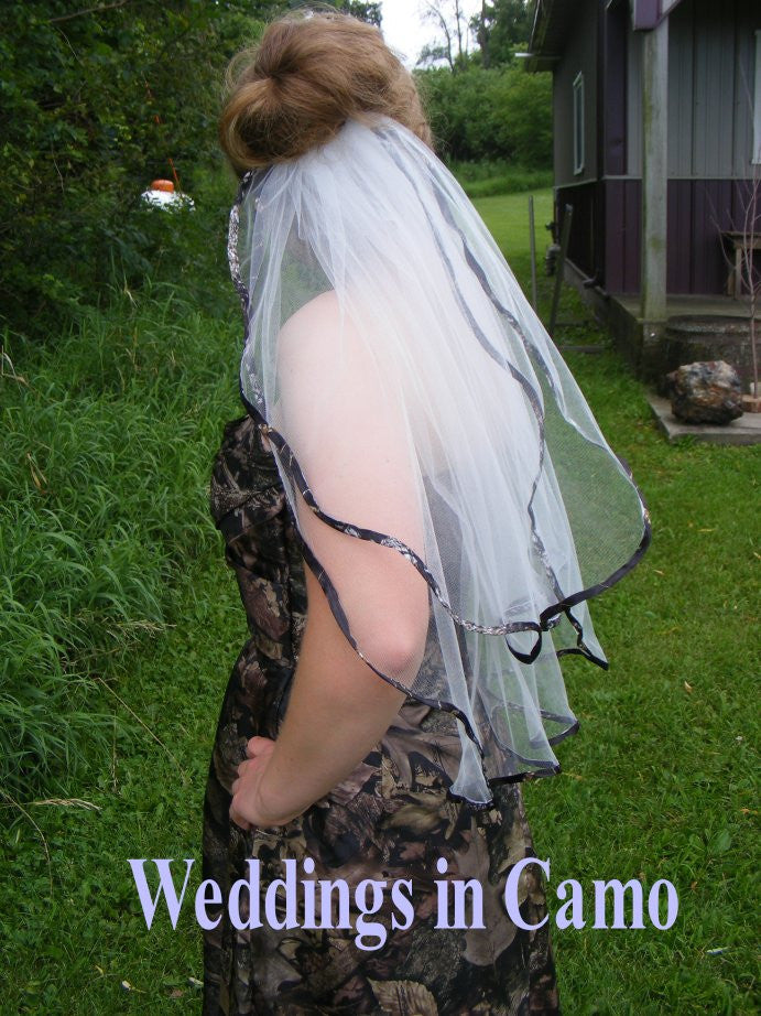 wedding veil edged in camo ribbon