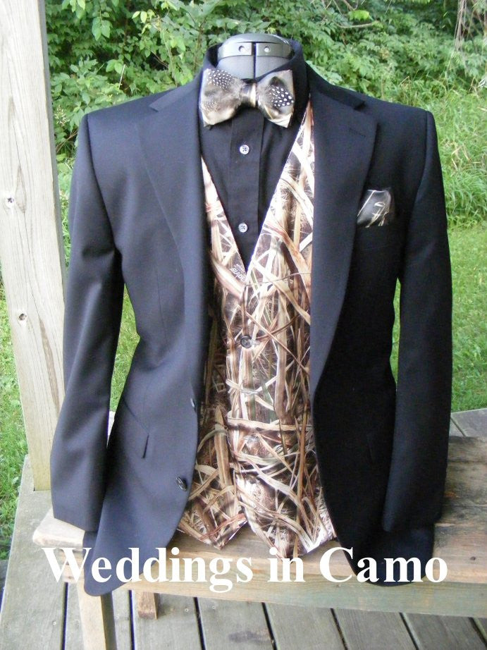 Men's Shadowgrass vest showing it with a tux jacket